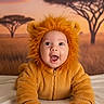 Zachariah joined the competition — help win amazing prizes! baby, child, lion_costume, animal_costume, cute, smiling, happy, portrait, indoor, bed, fur, orange, mane, ears, face, expression, safari, background, trees, sunset