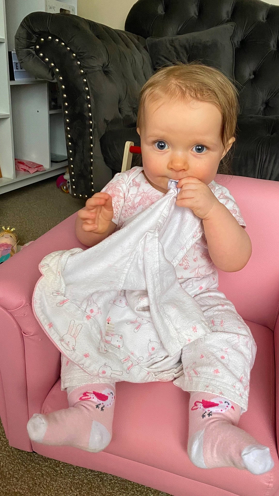 Macy joined the competition — help win amazing prizes! baby, baby_toddler_clothing, cheek, chin, comfort, finger, gesture, human_body, iris, joint, leg, lip, mouth, neck, person, pink, shoulder, skin, sleeve, thumb