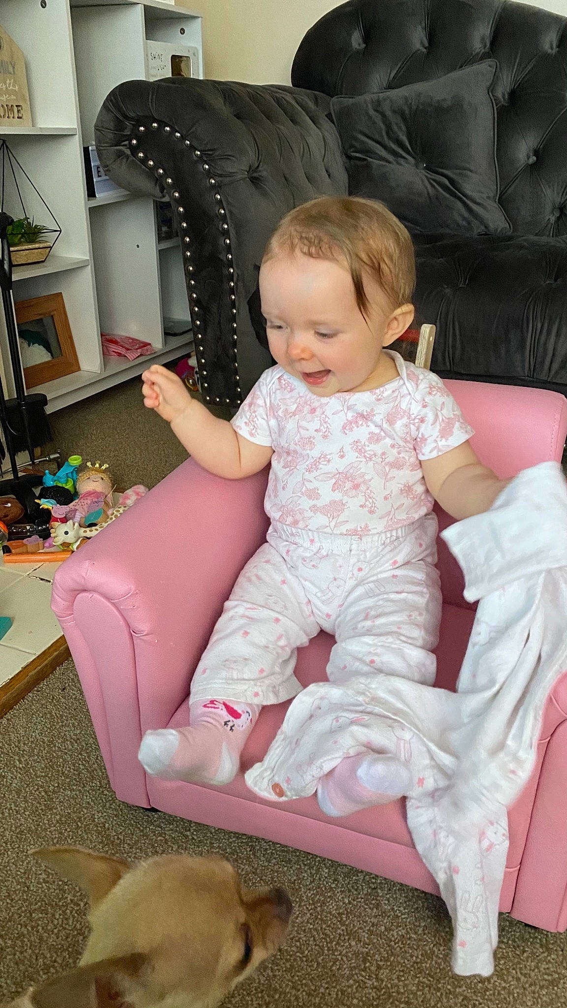 Macy joined the competition — help win amazing prizes! baby, baby_toddler_clothing, chair, comfort, finger, furniture, hand, head, human_body, joint, lap, leg, person, pink, shelf, shoulder, skin, smile, sock, thigh