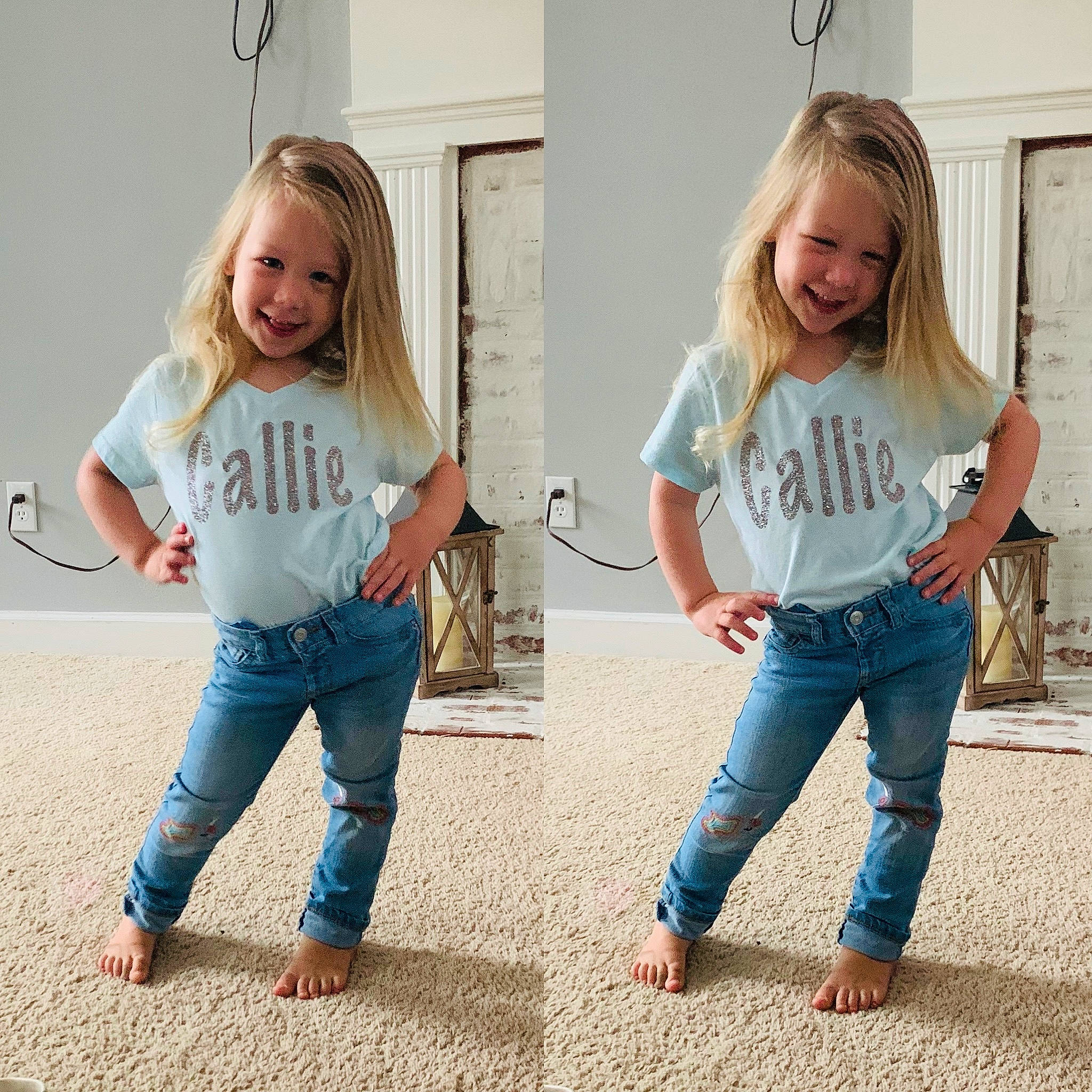 Callie joined the competition — help win amazing prizes! clothing, cool, denim, facial_expression, floor, flooring, gesture, hair, happy, jeans, joint, joy, leg, person, shoulder, sleeve, smile, sportswear, t_shirt, thigh