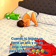 Mayra is registered to the contest to win money with this photo: baby, child, toddler, bedroom, bed, bedding, pajamas, diaper, teddy_bear, stuffed_animal, clothing, red_shirt, blue_clothes, sleeping, crawling, playful, funny, cartoon_style, text_overlay, portrait