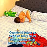 baby, child, toddler, bedroom, bed, bedding, pajamas, diaper, teddy_bear, stuffed_animal, clothing, red_shirt, blue_clothes, sleeping, crawling, playful, funny, cartoon_style, text_overlay, portrait