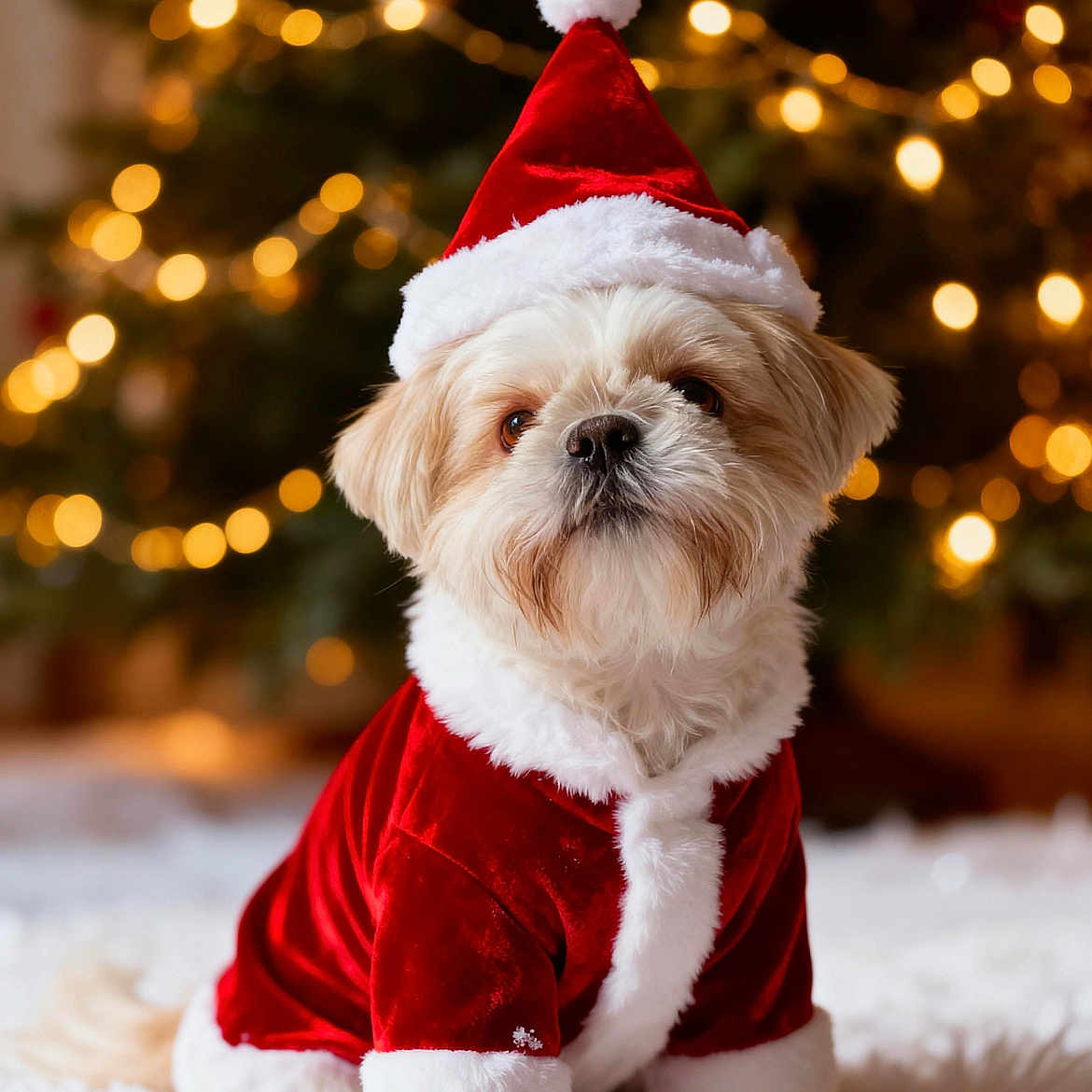 Teddy joined the competition — help win amazing prizes! adorable, background_blur, celebration, christmas_lights, christmas_tree, cute, decorations, dog, festive, fluffy, holiday, indoor, lights, pet, red_costume, santa_costume, santa_hat, seasonal, white_fur, winter