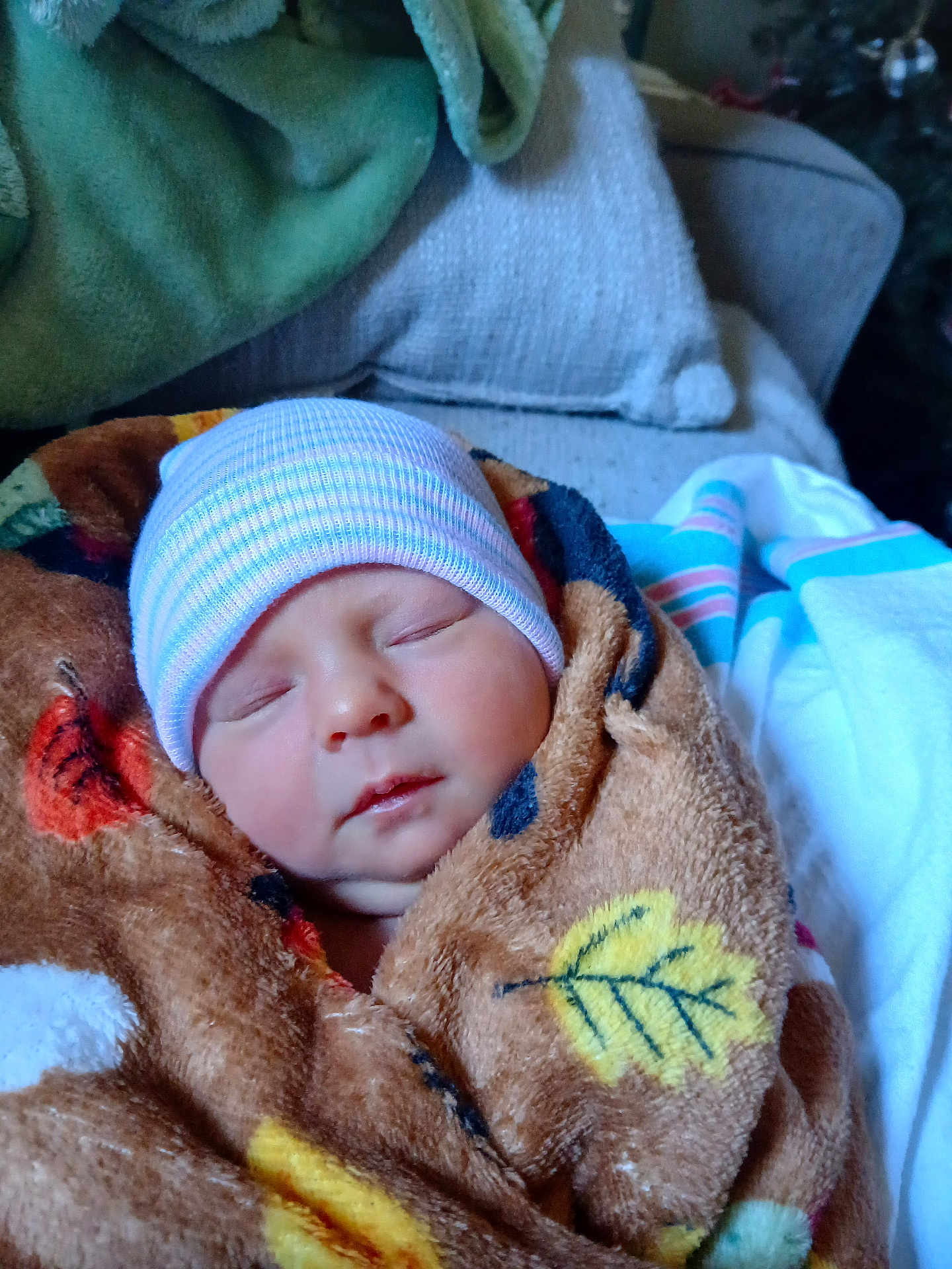 Raelynn is registered to the contest to win money with this photo: newborn, baby, sleeping, blanket, hat, cozy, couch, pillow, fabric, soft, child, indoor, infant, wrapped, peaceful, resting, closeup, warm, comfort, portrait