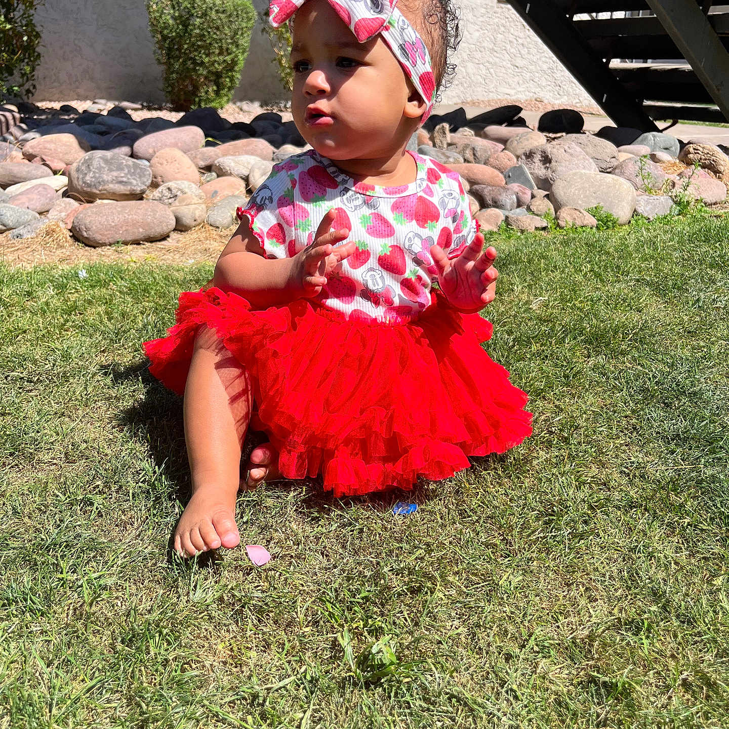 Naliyah joined the competition — help win amazing prizes! baby, backyard, clothing, costume, dress, face, grass, hat, head, nature, outdoors, path, person, photography, plant, portrait, rock, skirt, walkway, yard