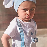 Joston a rejoint le concours — aidez-le/la à gagner de superbes lots ! toddler, child, baby, hat, blue, white_shirt, bunny, suspenders, cute, portrait, expression, serious, outdoor, sunlight, hands_on_hips, clothing, person, face, young_child, costume