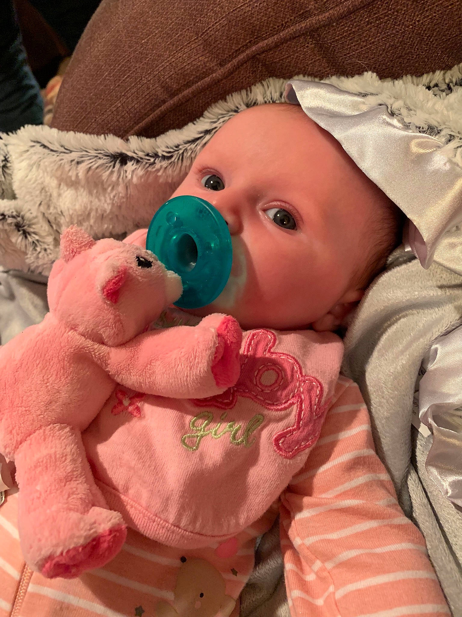 Aleah is registered to the contest to win money with this photo: baby, birth, cheek, child, nose, person, pink, skin, stuffed_toy, teddy_bear, toddler