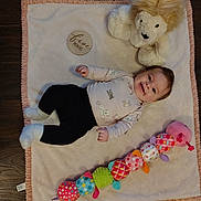 Gianna joined the competition — help win amazing prizes! baby, blanket, caterpillar_toy, child, clothing, colorful_toy, cute, five_months, floor, happy, indoors, infant, lion, milestone, plush_toy, portrait, smiling, socks, wood_floor, wooden_plaque
