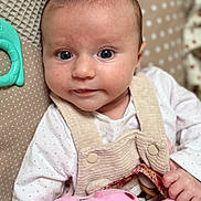 Giulia participe au concours pour gagner de l'argent avec cette photo : baby, infant, face, eyes, clothing, plush_toy, hand, seat, cushion, polka_dot, beige, white_shirt, overalls, expression, portrait, indoor, child, cute, soft_toy, closeup
