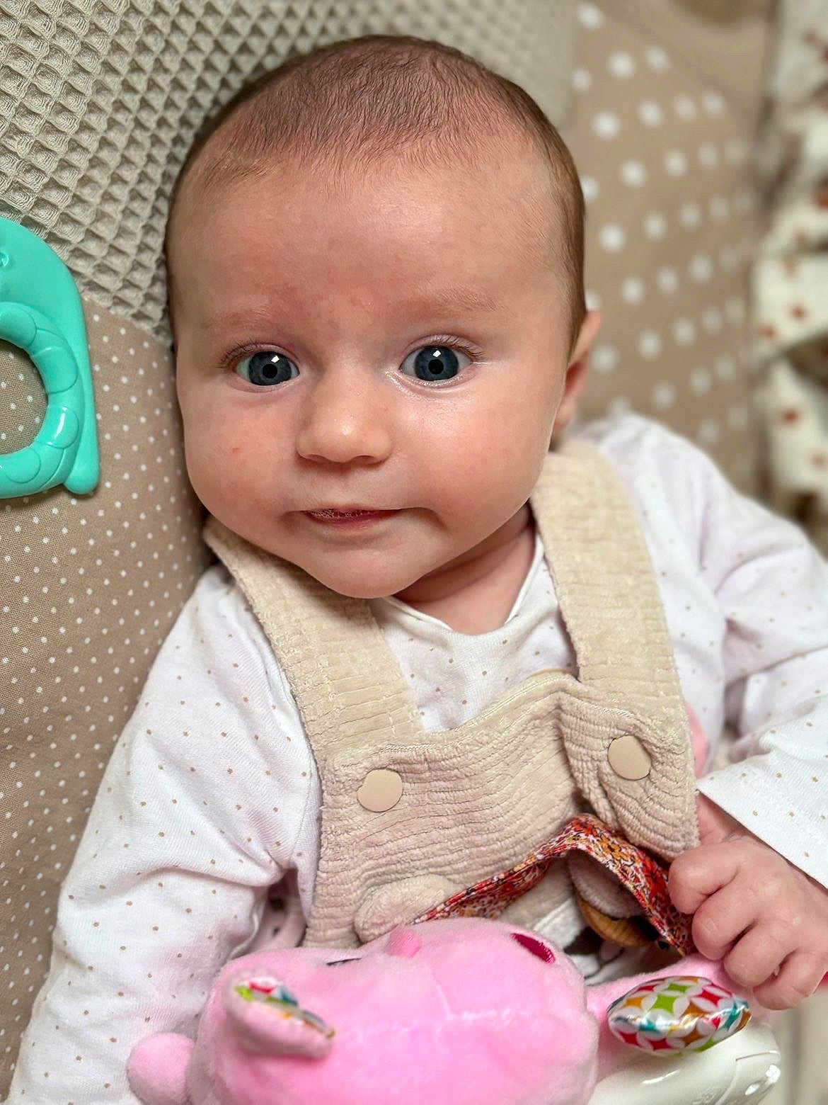 Giulia participe au concours pour gagner de l'argent avec cette photo : baby, infant, face, eyes, clothing, plush_toy, hand, seat, cushion, polka_dot, beige, white_shirt, overalls, expression, portrait, indoor, child, cute, soft_toy, closeup