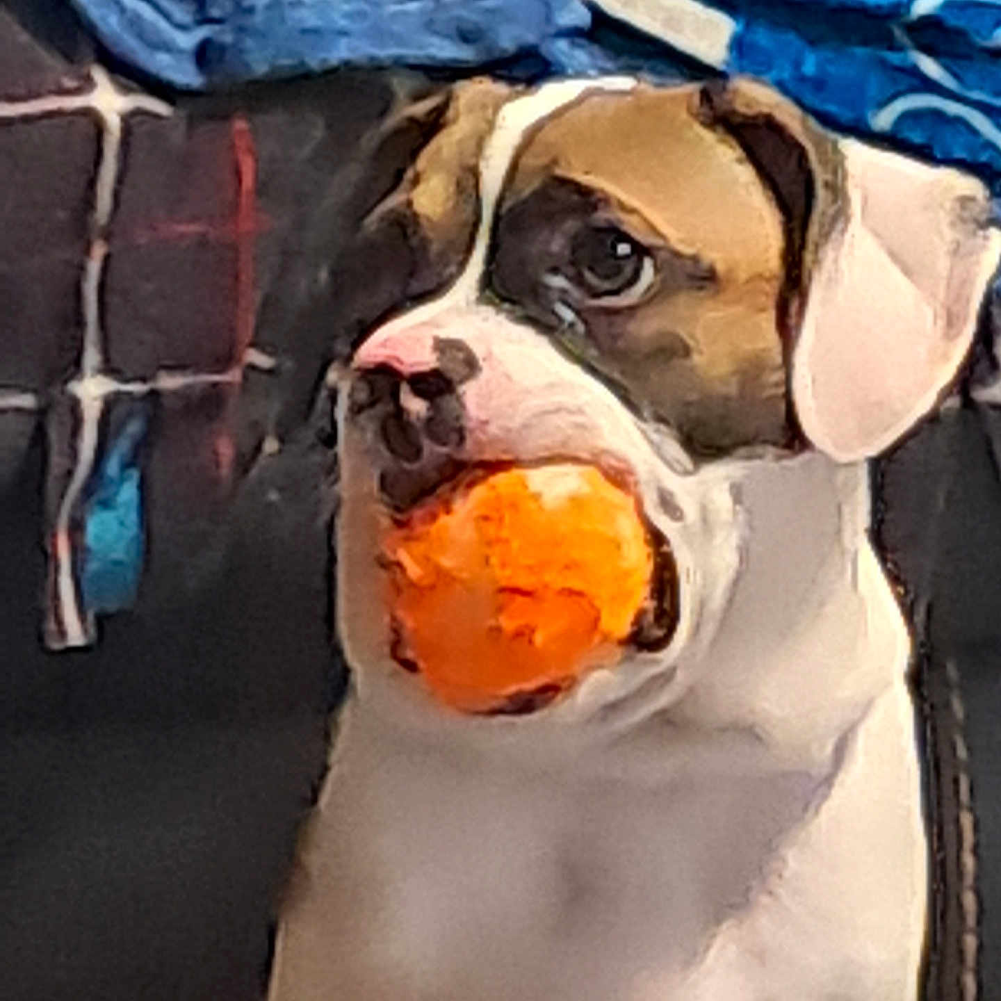 Winston is registered to the contest to win money with this photo: dog, ball, pet, animal, indoor, brown, white, face, mouth, toy, furniture, blanket, fabric, background, closeup, domestic, cute, portrait, canine, sitting