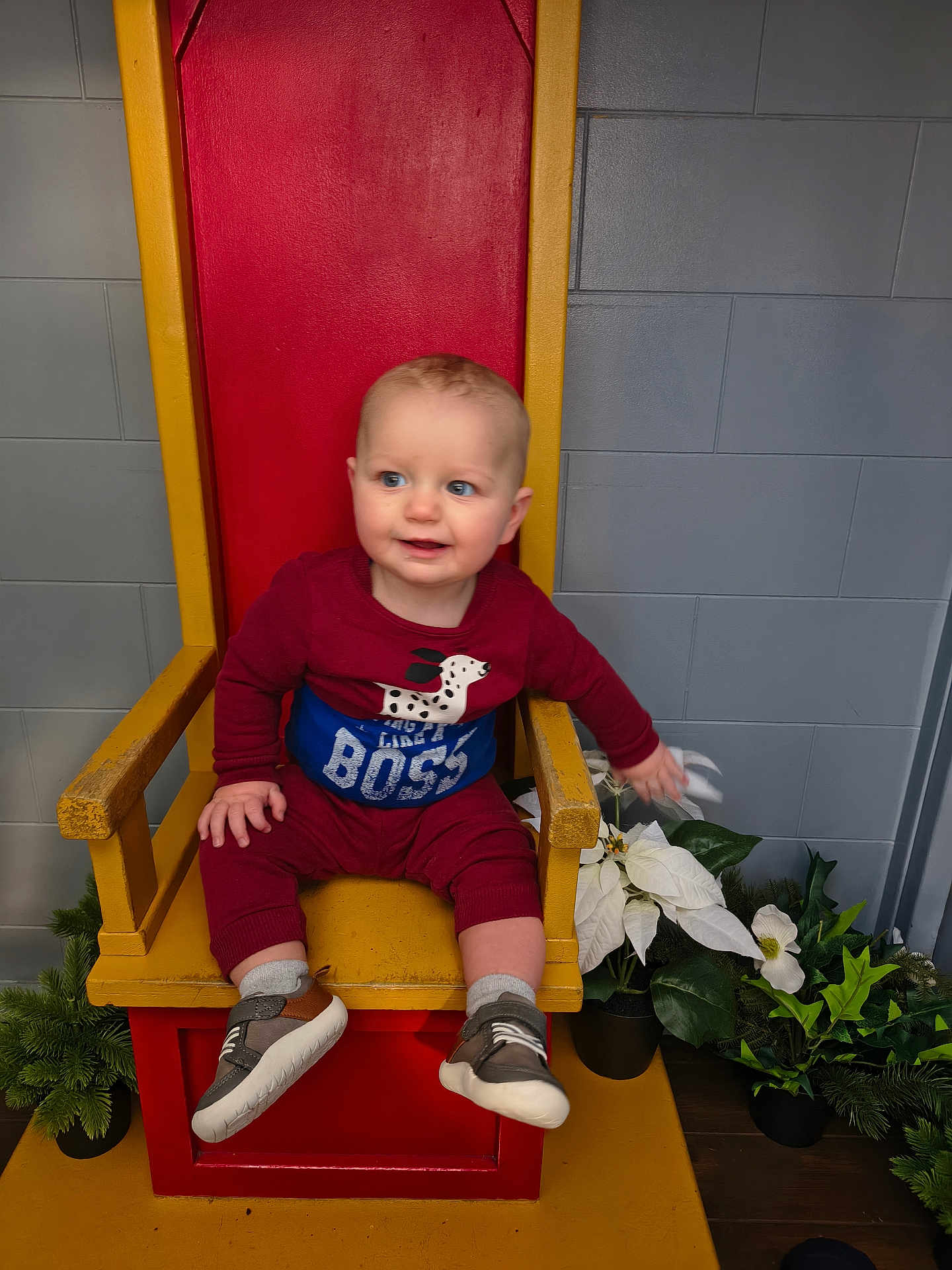 Jaxson joined the competition — help win amazing prizes! baby, child, smiling, sitting, chair, red_chair, yellow_chair, maroon_clothing, sneakers, indoor, plants, potted_plants, white_flowers, gray_wall, portrait, cute, happy, person, throne, floor