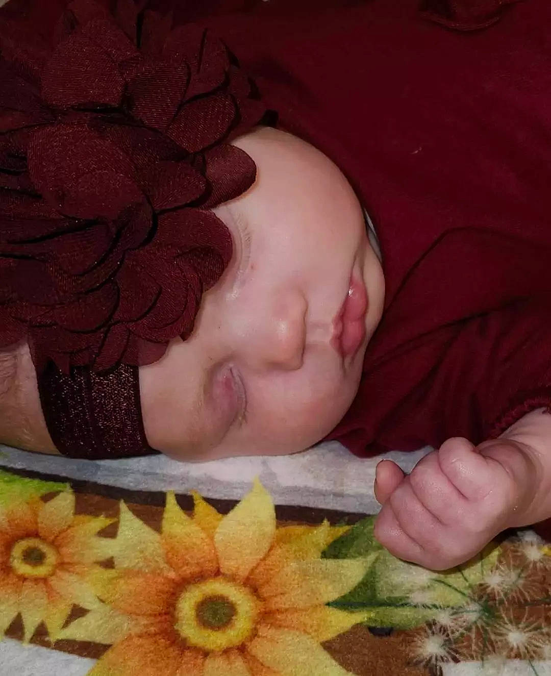 Savannah is registered to the contest to win money with this photo: baby, baby_sleeping, beauty, bedding, child, comfort, eyelash, fashion_accessory, floral_design, flower, headgear, linens, needlework, organ, pattern, person, petal, product, skin, textile