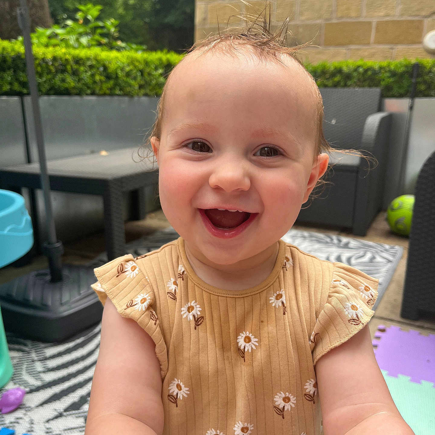 Violet joined the competition — help win amazing prizes! baby, backyard, ball, face, football, happy, head, laughing, nature, outdoors, person, photography, plant, portrait, pottedplant, soccer, soccerball, sport, summer, yard