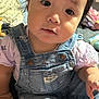 applique, baby, bodypart, child, clothing, face, female, finger, girl, hand, head, jeans, pants, pattern, person, photography, portrait, shorts, sitting, vest