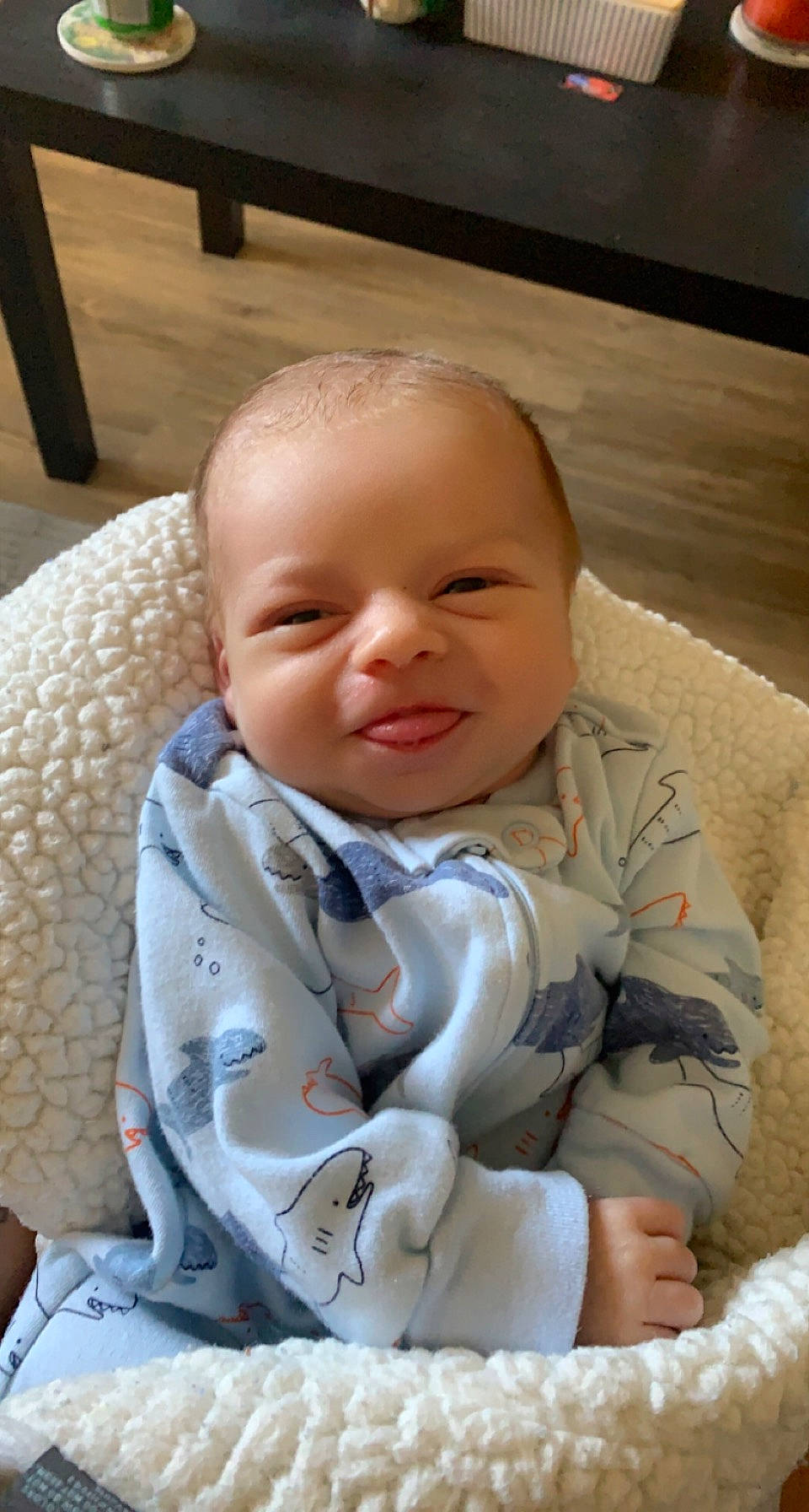 Cameron is registered to the contest to win money with this photo: baby, baby_toddler_clothing, cheek, chin, comfort, eye, eyebrow, facial_expression, flooring, hairstyle, iris, mouth, nose, person, photograph, product, skin, sleeve, smile, toddler