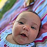 baby, smile, face, child, infant, blanket, outdoor, closeup, happy, cheeks, eyes, clothing, pattern, striped, cute, portrait, skin, head, young, person
