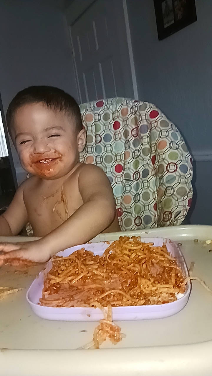 Brian is registered to the contest to win money with this photo: baby, bathing, bowl, comfort_food, cuisine, dish, eating, event, food, happy, ingredient, italian_food, joy, junk_food, meal, mixture, person, plate, recipe, smile