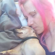 Babie Gyrl joined the competition — help win amazing prizes! person, dog, sleeping, pink_hair, bed, blanket, cuddle, relaxation, indoor, closeup, pet, companion, calm, face, collar, human, animal, rest, comfort, casual