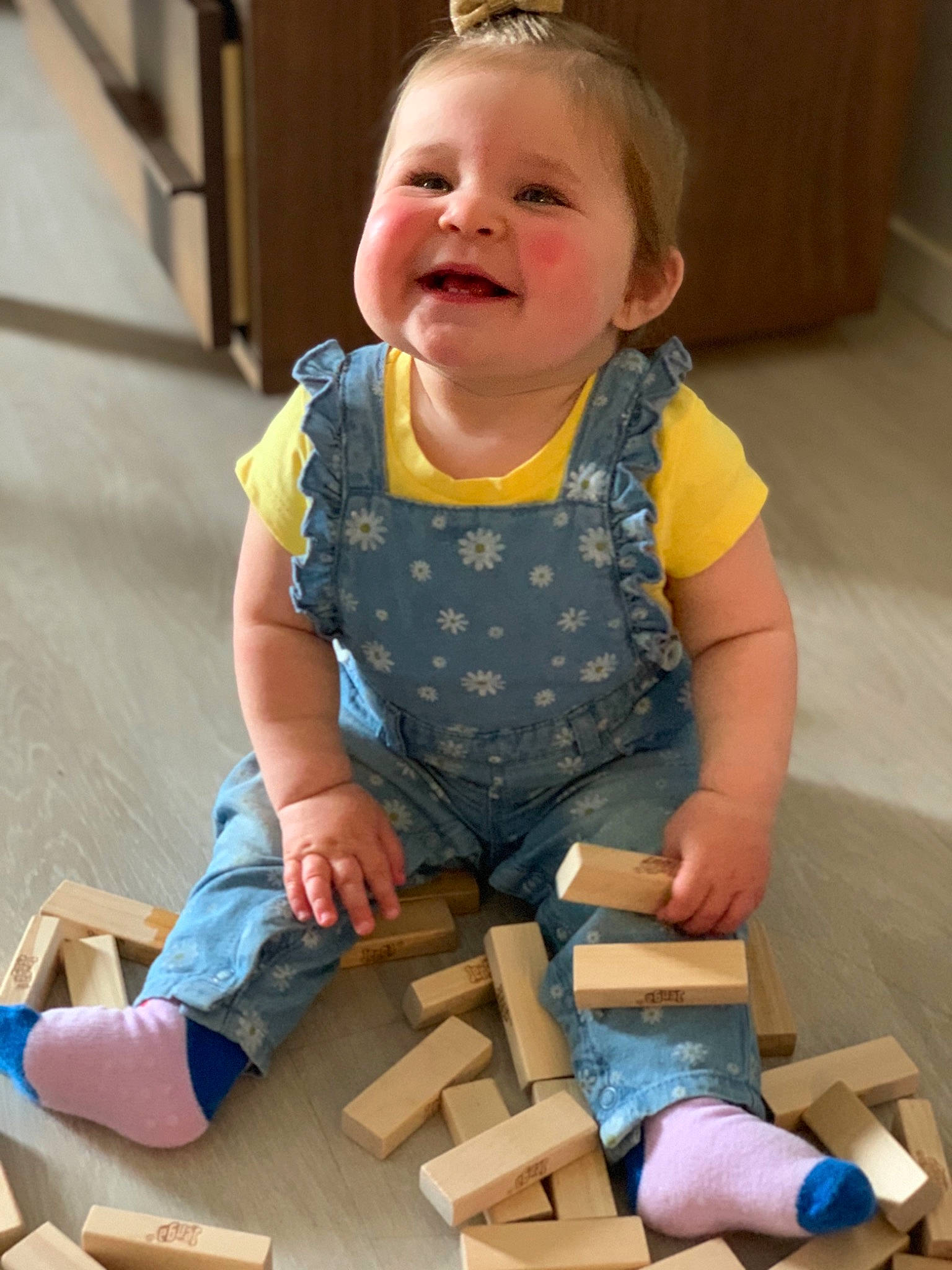 Harlie joined the competition — help win amazing prizes! baby, child, joy, person, play, sitting, toddler, toy, toy_block, wood, wooden_block