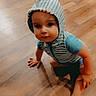 Jaxson joined the competition — help win amazing prizes! toddler, child, baby, crawling, floor, wooden_floor, hoodie, costume, striped_clothing, indoor, toy, curious, cute, face, person, clothing, foot, hand, headwear, casual
