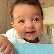 Naël participe au concours pour gagner de l'argent avec cette photo : baby, infant, drool, toy, blue_blanket, curious, face, hand, indoor, portrait, child, soft_lighting, white_clothing, closeup, cute, expression, furniture, room, smile, skin