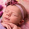 newborn, baby, sleeping, portrait, face, headband, flower, floral, blanket, lavender, purple, pink, hands, closed_eyes, peaceful, infant, closeup, soft_lighting, bouquet, nursery