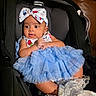 baby, child, car_seat, blue_tutu, headband, infant, clothing, cute, sitting, indoors, portrait, adorable, fashion, white_socks, lace, young, person, face, hands, seat