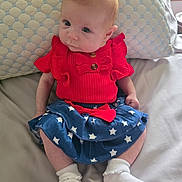 Rayne is registered to the contest to win money with this photo: baby, bed, blue_skirt, child, clothing, curious_expression, cute, fabric, home, indoors, infant, person, pillow, portrait, red_top, sitting, socks, soft_lighting, stars, young_child