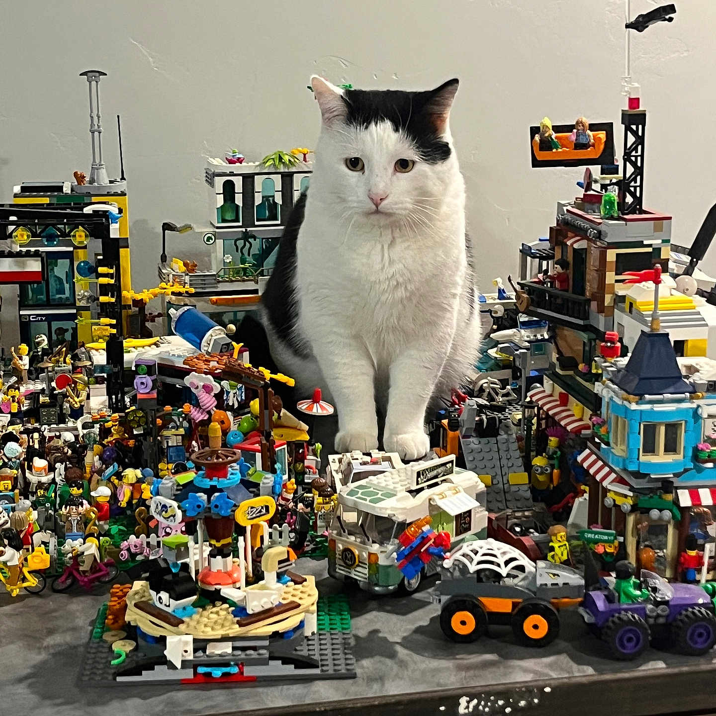 Temmie is registered to the contest to win money with this photo: cat, lego, toy, miniature, city, building, vehicle, table, indoor, white_wall, black_and_white_cat, animal, pet, figure, play, construction, scene, colorful, decor, curious