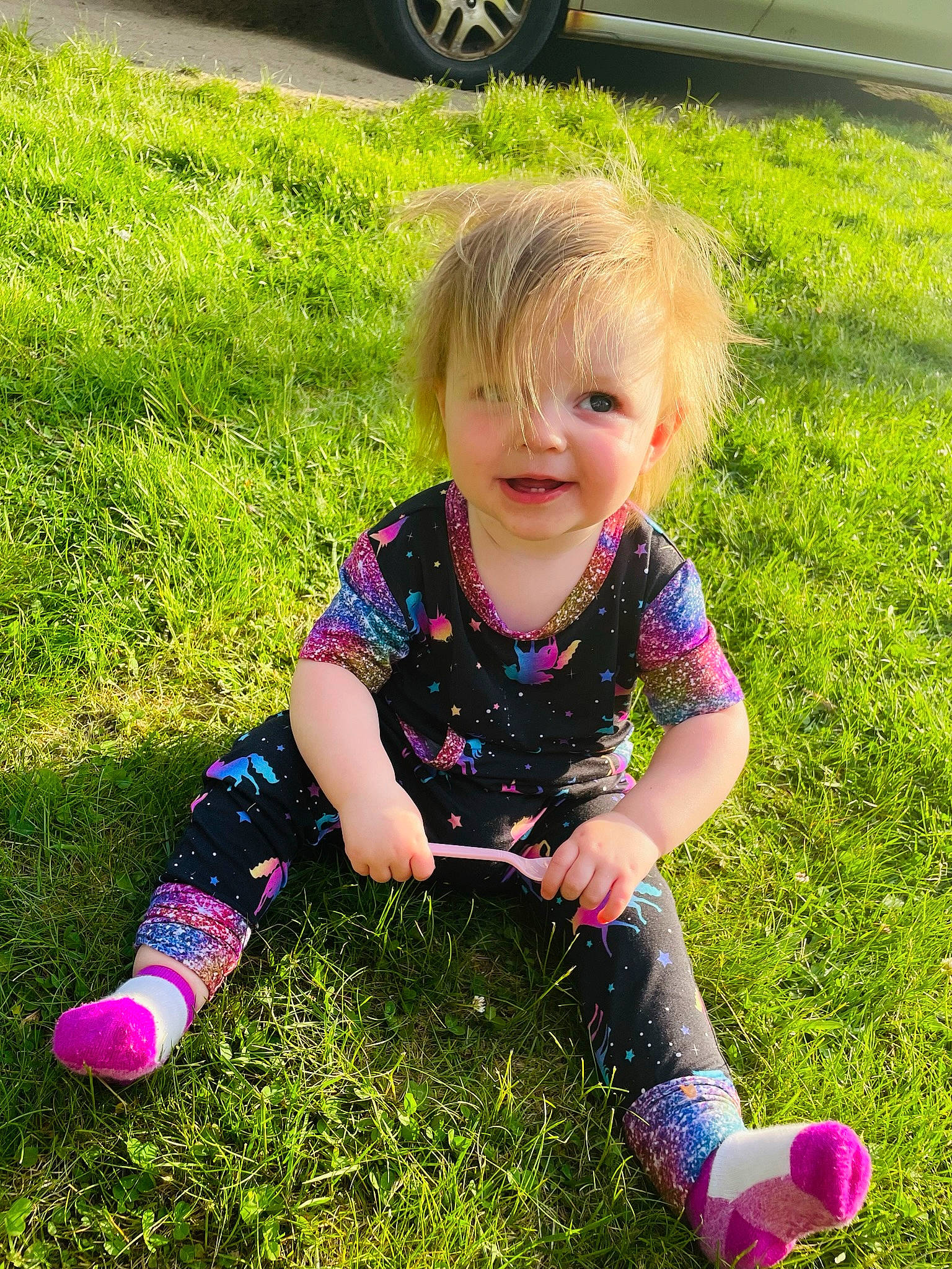 Aimee joined the competition — help win amazing prizes! automotive_tire, baby_toddler_clothing, fun, grass, grass_family, green, happy, joy, lawn, leaf, meadow, people_in_nature, person, pink, plant, smile, summer, sunlight, tire, toddler