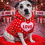 Pixel is registered to the contest to win money with this photo: dog, spotted_dog, red_hoodie, hearts, valentines_day, red_cushion, gift_boxes, roses, heart_decorations, love_sign, be_mine_sign, pets, cute, festive, portrait, animal, sitting, indoor, decor, holiday