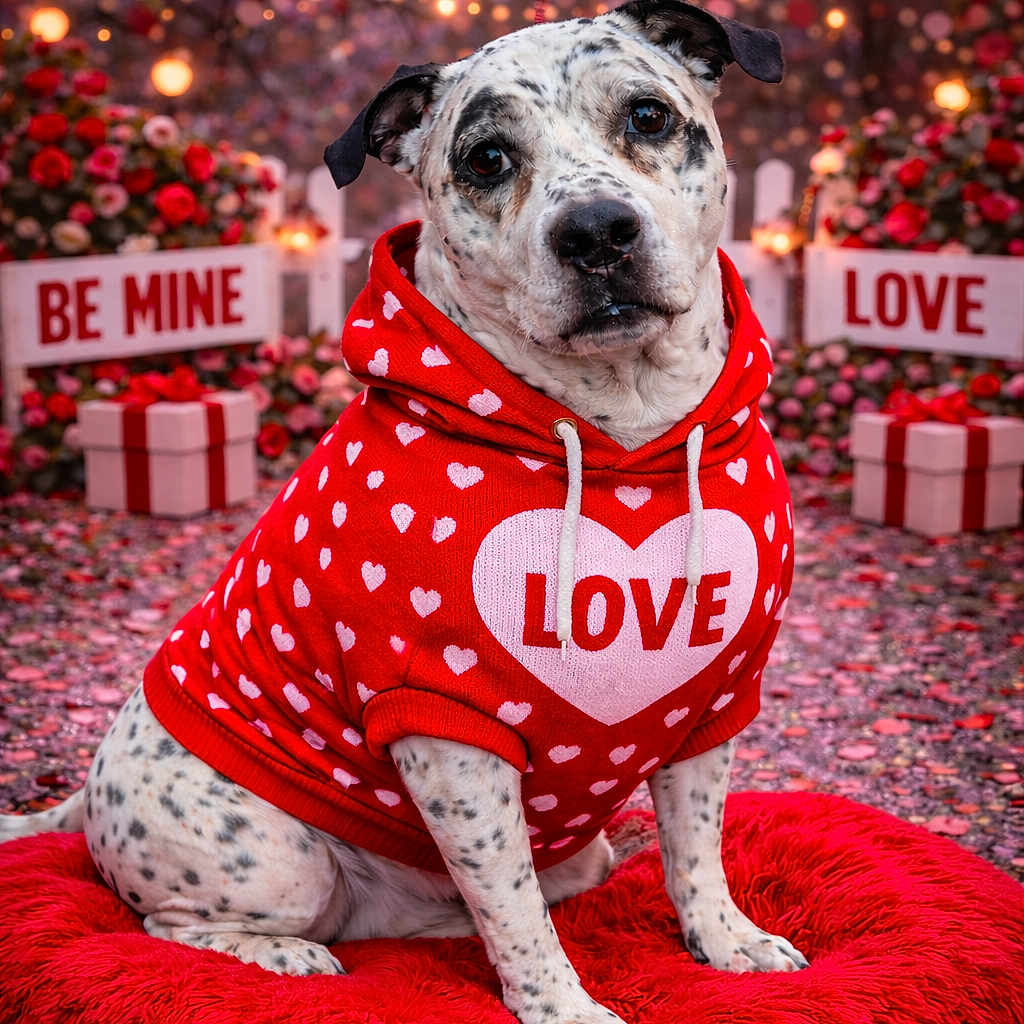 Pixel is registered to the contest to win money with this photo: dog, spotted_dog, red_hoodie, hearts, valentines_day, red_cushion, gift_boxes, roses, heart_decorations, love_sign, be_mine_sign, pets, cute, festive, portrait, animal, sitting, indoor, decor, holiday
