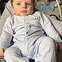Luca is registered to the contest to win money with this photo: baby, infant, pajamas, blue, face, eyes, hand, footed_pajamas, indoor, soft_toys, baby_gym, blanket, cushion, clothing, person, child, relaxing, seated, curious, home