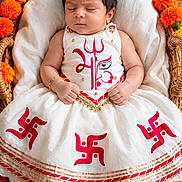 Aadhya joined the competition — help win amazing prizes! baby, infant, sleeping, portrait, wicker_basket, flowers, marigolds, traditional_clothing, white_dress, red_pattern, gold_trim, cultural_attire, indoors, peaceful, resting, close_up, blanket, decorative, photography, newborn