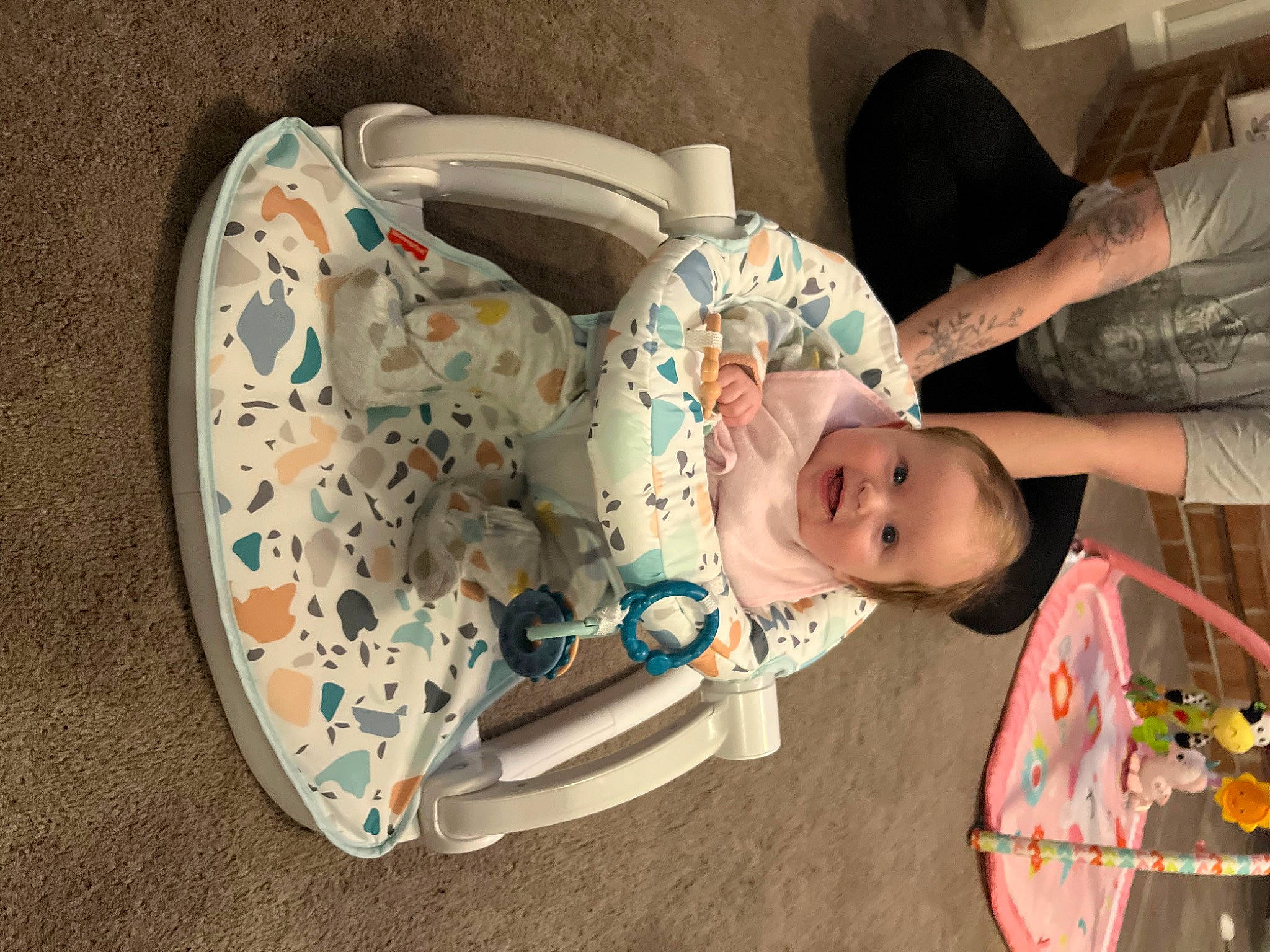 Reese is registered to the contest to win money with this photo: baby, baby_products, baby_toddler_clothing, chair, child, circle, comfort, fun, hairstyle, happy, hat, joy, linens, pattern, person, plastic, room, sitting, smile, t_shirt
