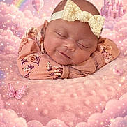 Nova is registered to the contest to win money with this photo: baby, infant, sleeping, headband, bow, pink, blanket, clouds, butterflies, stars, rainbow, hot_air_balloons, castle, fantasy, dreamy, soft, portrait, cute, peaceful, child