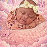 baby, infant, sleeping, headband, bow, pink, blanket, clouds, butterflies, stars, rainbow, hot_air_balloons, castle, fantasy, dreamy, soft, portrait, cute, peaceful, child