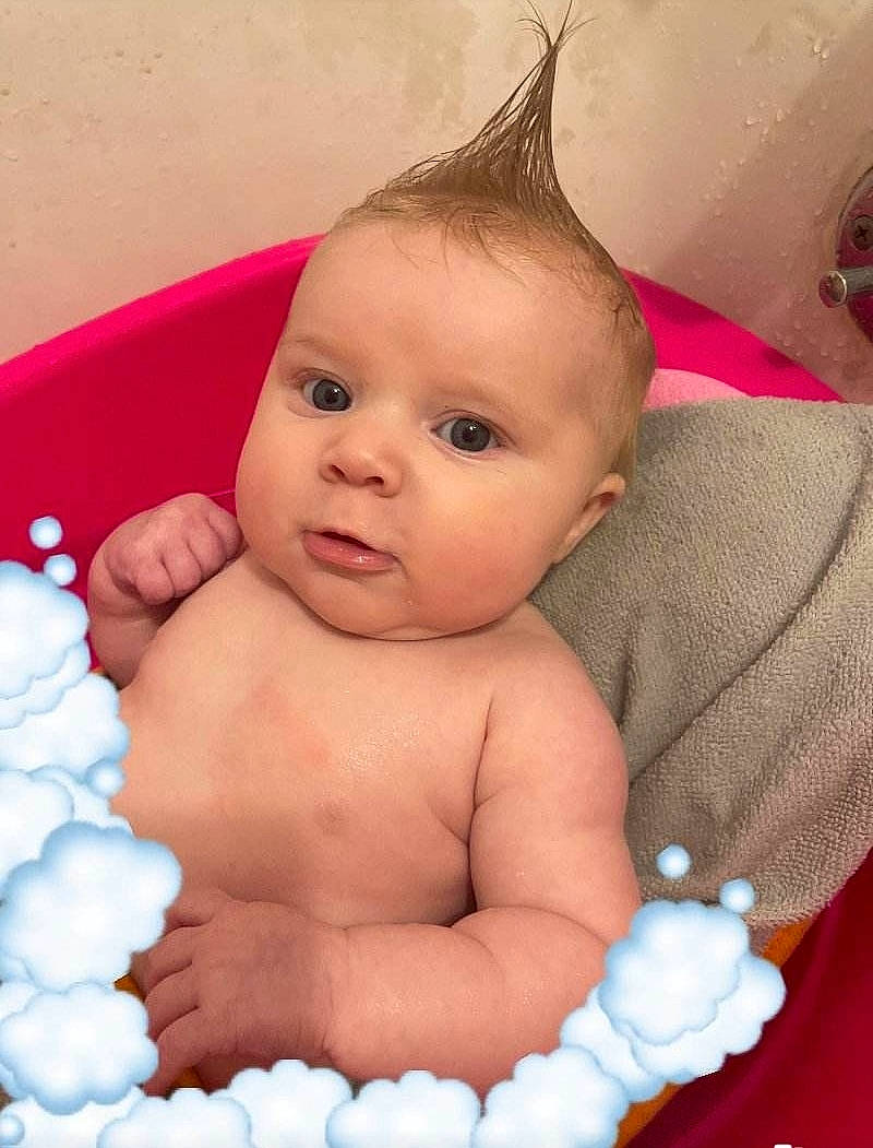 Luna Grace joined the competition — help win amazing prizes! baby, baby_toddler_clothing, cheek, ear, eyelash, facial_expression, finger, gesture, happy, iris, lip, mouth, nose, organ, person, pink, product, skin, thumb, toddler