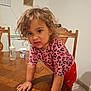 Maelle a rejoint le concours — aidez-le/la à gagner de superbes lots ! baby_bottle, chair, child, cup, curious, curly_hair, expression, face, floor, furniture, hands, home, indoor, leaning, leopard_print, lighting, pink_shirt, red_pants, toddler, wooden_table