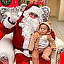 santa_claus, baby, child, costume, bear_costume, red_suit, white_beard, glasses, chair, holiday, christmas, decorations, wreath, gifts, candy_cane, indoor, floor_tiles, red_carpet, person, festive