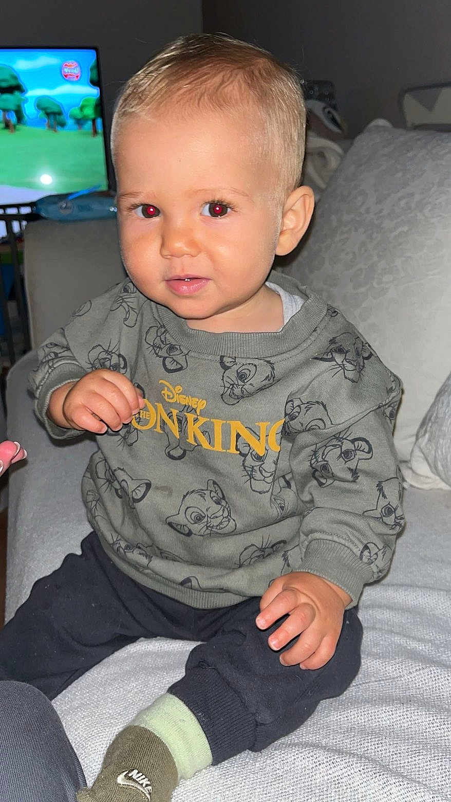 Aylan a rejoint le concours — aidez-le/la à gagner de superbes lots ! toddler, child, sitting, sweatshirt, lion_king, nike, sock, couch, indoors, red_eye, curious, short_hair, clothing, person, home, blanket, smile, face, television, furniture
