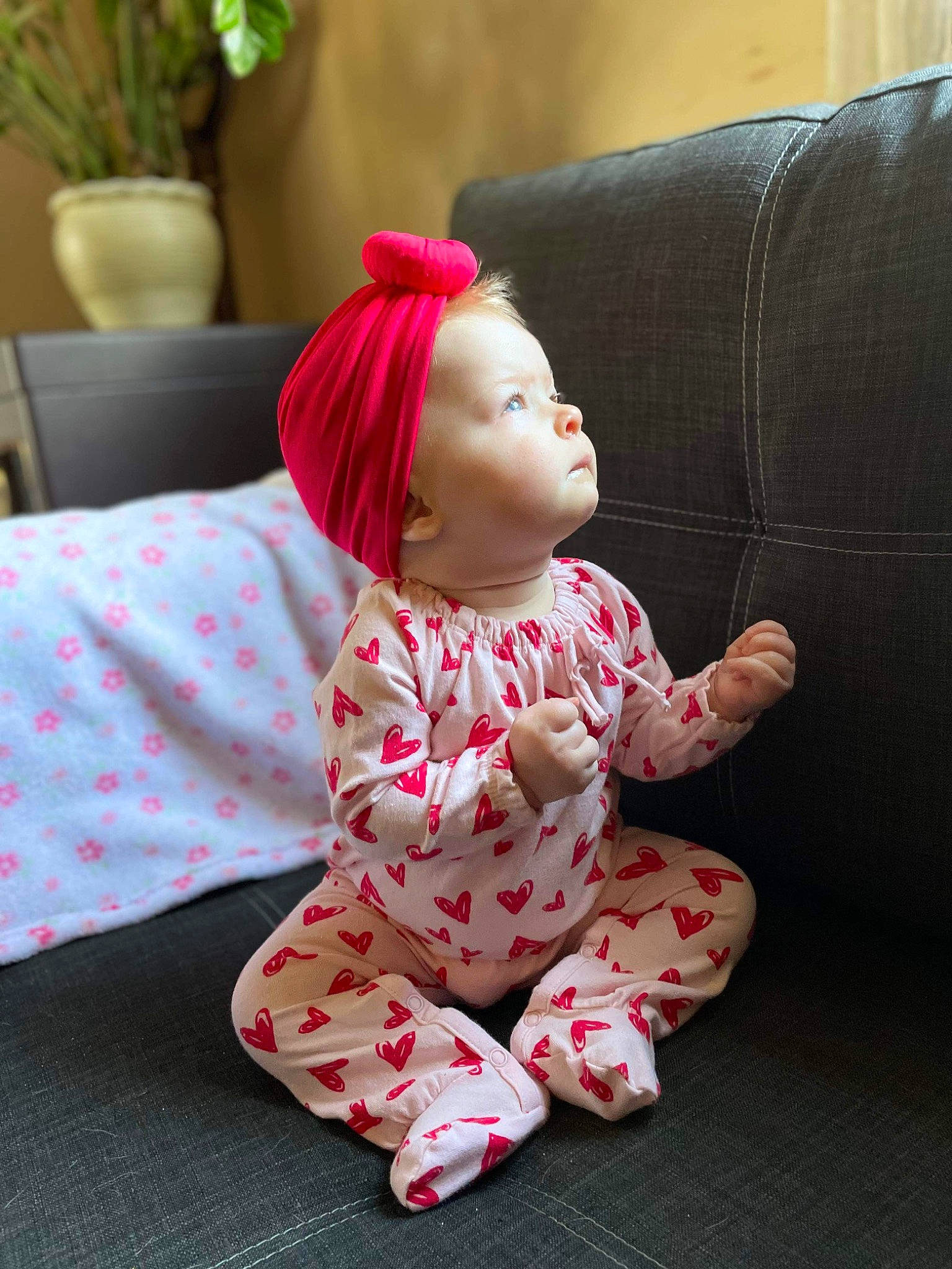 Charlotte joined the competition — help win amazing prizes! baby_toddler_clothing, cheek, chin, comfort, doll, eye, flooring, flowerpot, head, headgear, houseplant, lip, pattern, person, pink, plant, sleeve, textile, toddler, toy