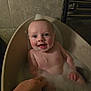 baby, bath, bubbles, foam, hand, smile, happy, child, skin, water, tub, bathroom, tile, cute, infant, person, relaxation, playful, head, chest