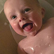 William joined the competition — help win amazing prizes! baby, child, bath, bubbles, water, happy, smile, tongue, skin, head, face, hand, wet, candid, indoors, young_child, joy, splash, bathroom, cute