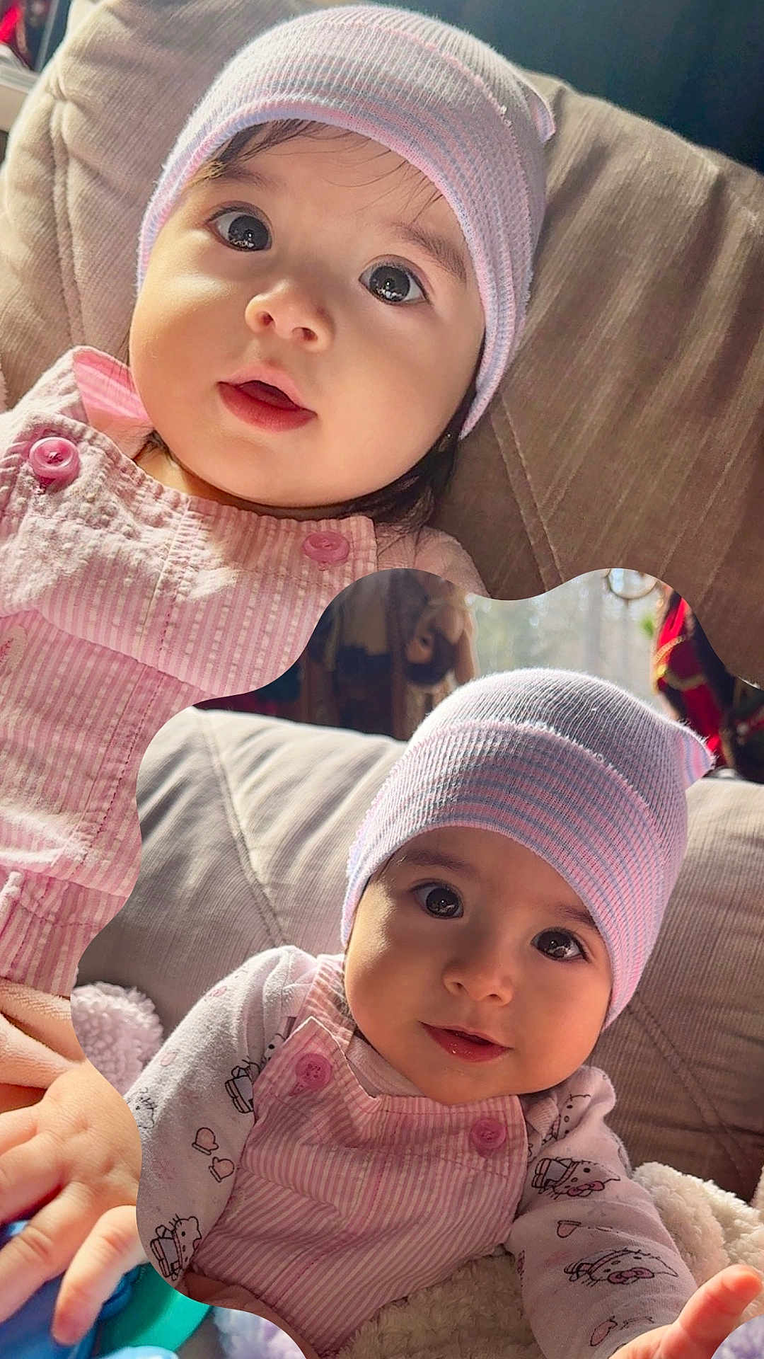 Karen joined the competition — help win amazing prizes! baby, child, infant, face, smile, hat, beanie, pink_clothing, overalls, couch, indoor, portrait, cute, young_child, hand, eyes, warm_lighting, soft_texture, cozy, expression