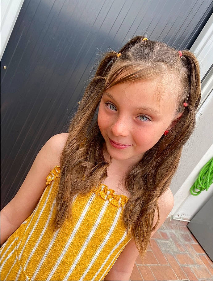 Tanya participe au concours pour gagner de l'argent avec cette photo : blond, brown_hair, child, eyelash, flash_photography, flooring, fun, happy, human_leg, jewellery, joy, layered_hair, leisure, long_hair, pattern, person, portrait_photography, sitting, sleeve, smile