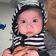 Liam Paredes joined the competition — help win amazing prizes! baby, child, infant, portrait, close_up, wide_eyed, zebra_outfit, striped_clothing, hat, indoors, adult, caregiver, holding, hands, family, home, seated, face, looking_at_camera, funny_expression