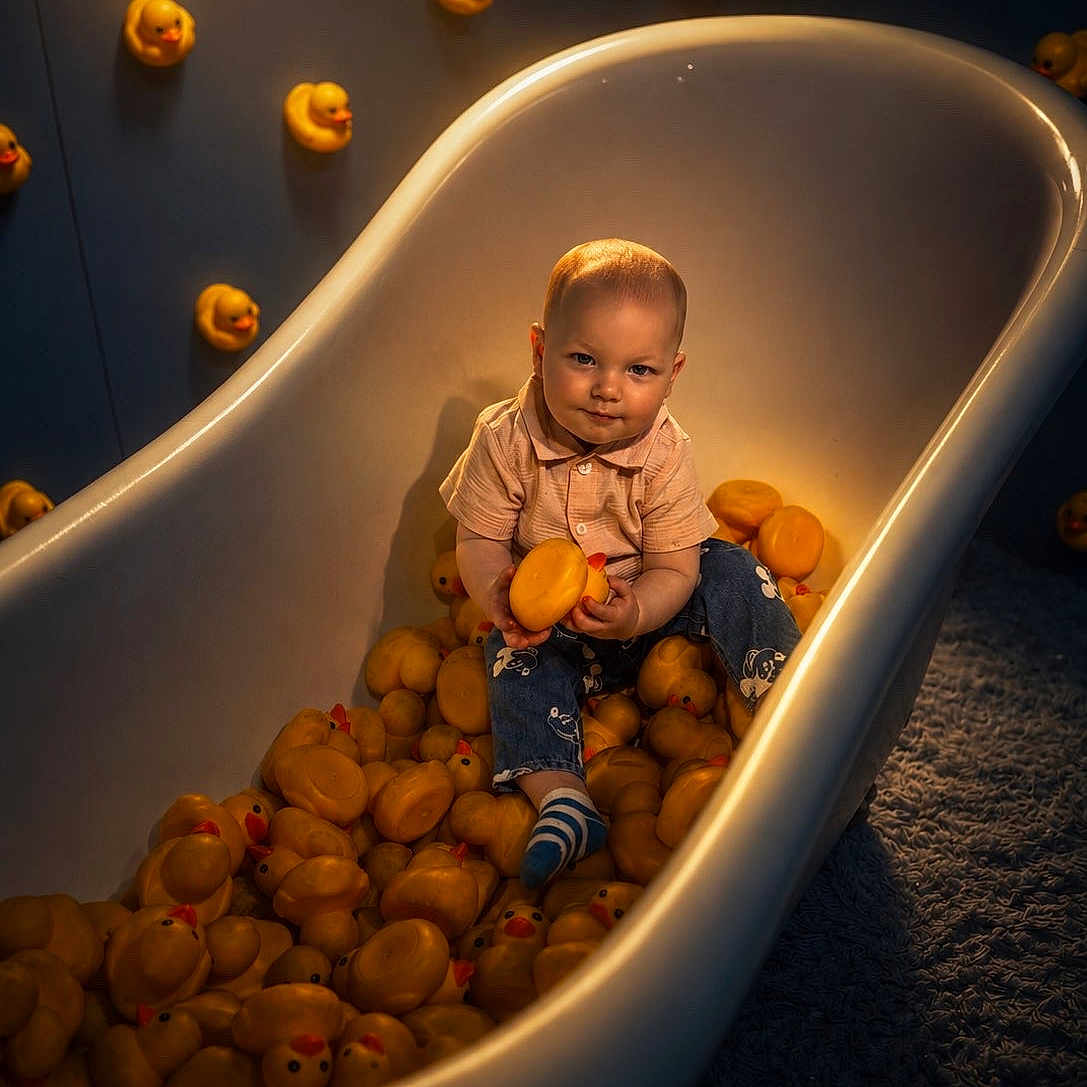 Ellijah is registered to the contest to win money with this photo: baby, bathtub, rubber_duck, child, indoor, toy, playful, cute, infant, clothing, socks, floor, carpet, portrait, lighting, expression, sitting, yellow, white, room