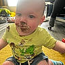 Ellijah joined the competition — help win amazing prizes! toddler, child, messy_face, chocolate, cream, yellow_carpet, indoor, toy_story_shirt, shorts, striped_socks, sitting, curious_expression, toy, flooring, person, cute, young_child, playtime, casual_clothing, home